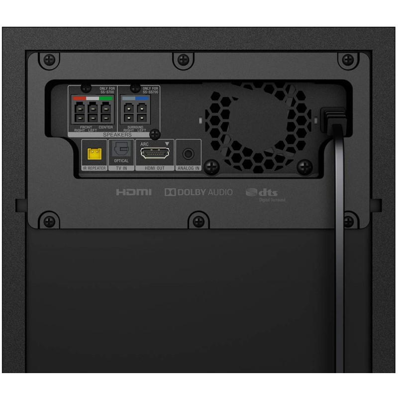 نمای پشت ساب ووفر و پورت های ورودی و خروجی ساندبار HT S500RF