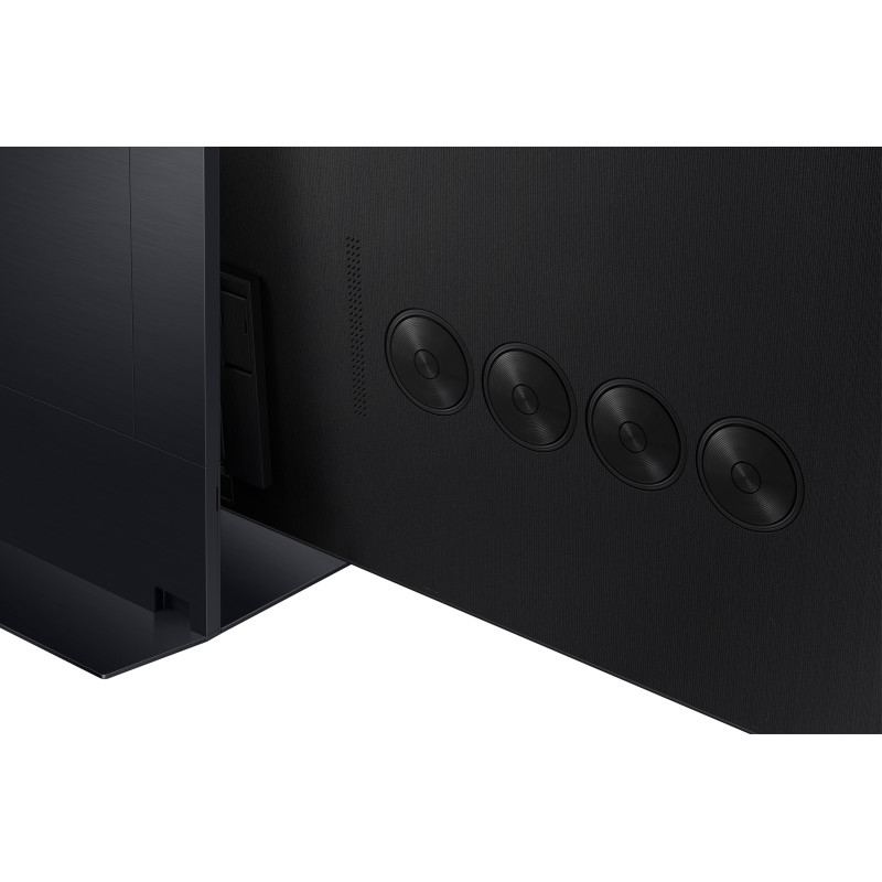طراحی پایه و بلندگوهای پشت تلویزیون 65QN990F سامسونگ با قابلیت نصب Wireless One Connect Box پشت آن