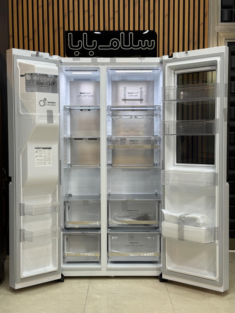 نمای داخلی کامل یخچال و فریزر ساید بای ساید ال جی GCX-287TVW محصول 2025